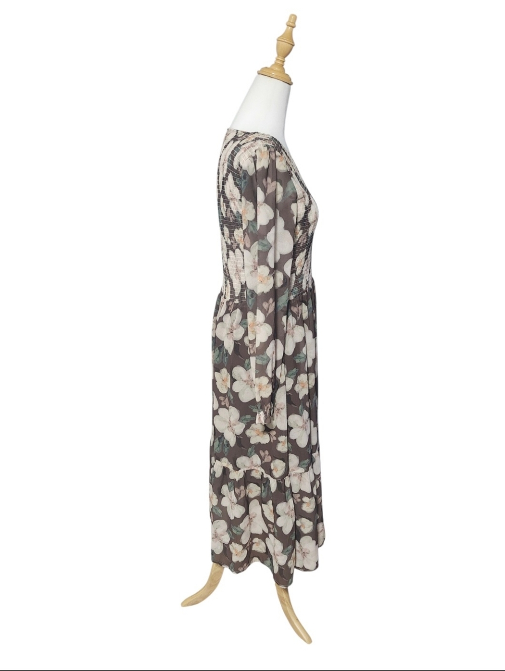 Jilly Box Floral Smocked Midi Dress in Brown and Cream - Picture 7 of 13